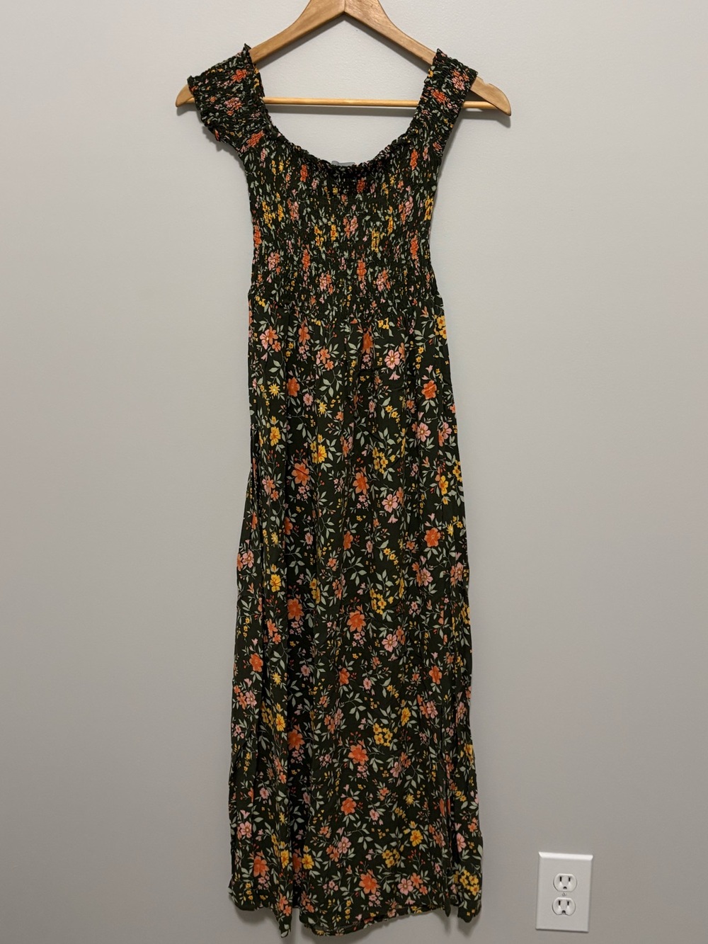 Lark + Grey Olive Floral Fairy Smocked Off Shoulder Maxi Dress